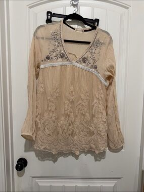 Altar'd State Beige Embroidered V-Neck Tunic